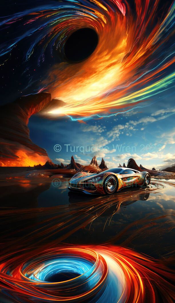 Futuristic car and rainbow vortex