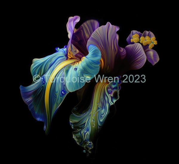 Turquoise, purple and yellow Iris painting