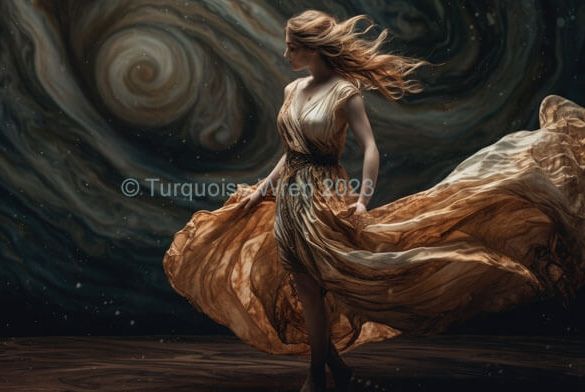 Lady in brown dress dancing with Jupiter